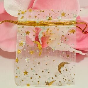 White Gold Celestial Themed Organza Gift Bags 8 Pack Moon Stars